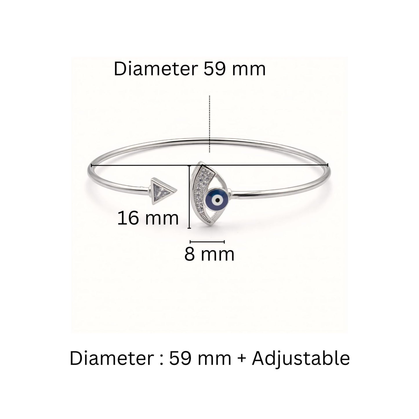 925 Sterling Silver Flexible Open Cuff Kada with Evil Eye and Cubic Zirconia