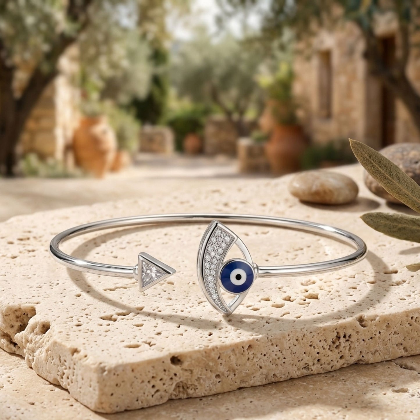 925 Sterling Silver Flexible Open Cuff Kada with Evil Eye and Cubic Zirconia
