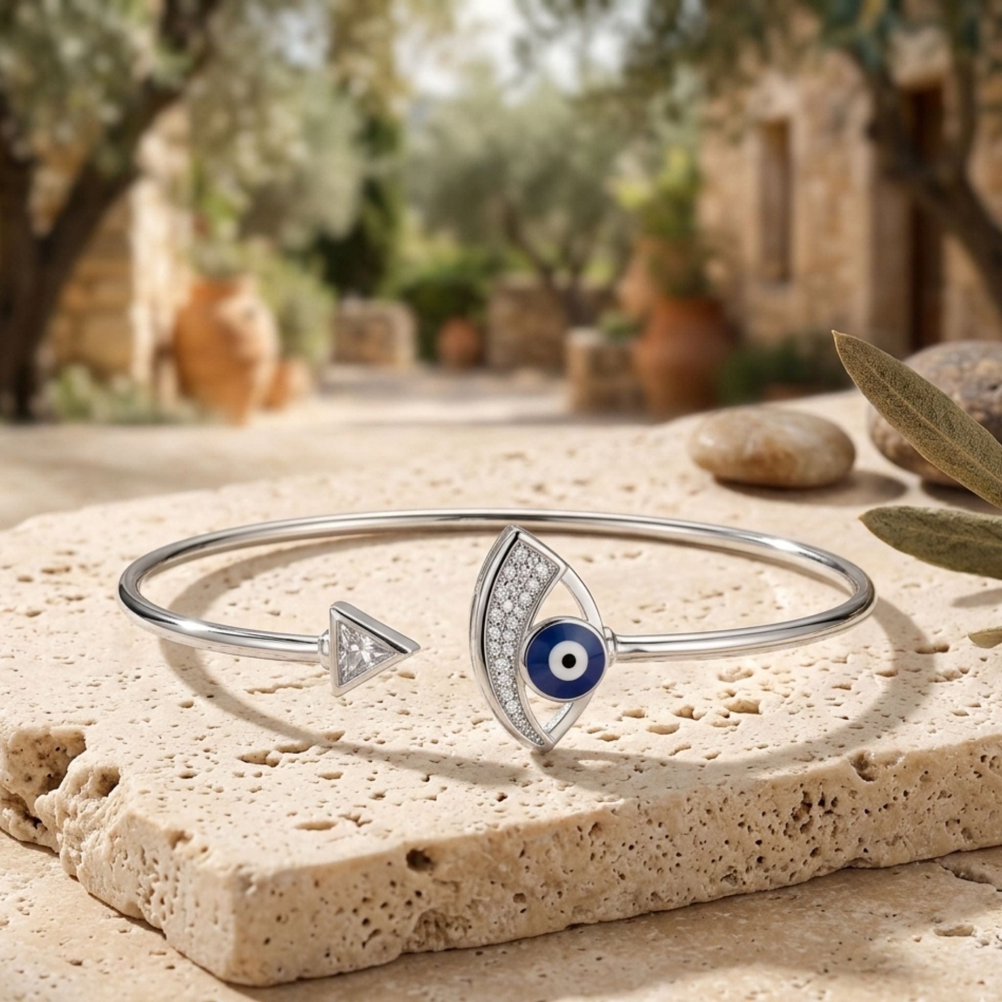 925 Sterling Silver Flexible Open Cuff Kada with Evil Eye and Cubic Zirconia