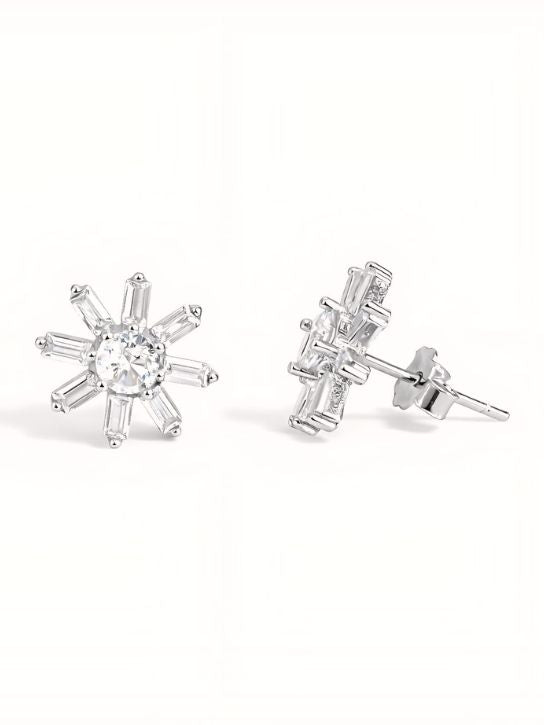 925 Sterling Silver Starburst Stud Earrings With Round & Baguette Cubic Zirconia