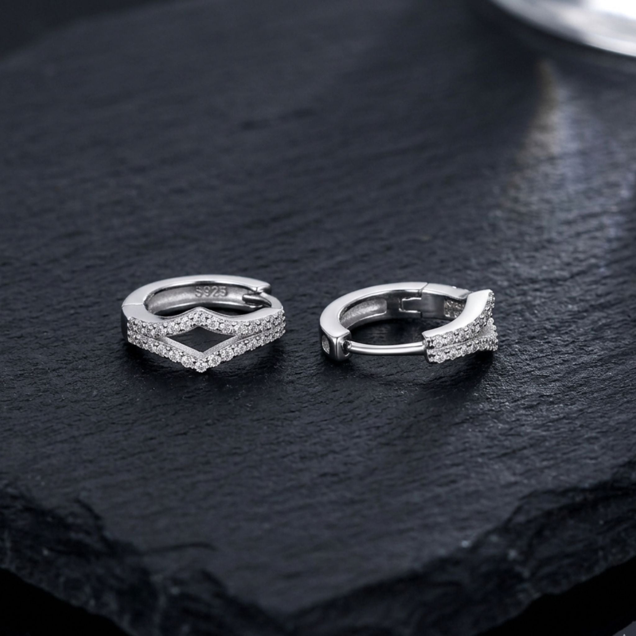 925 Sterling Silver V-Shaped Hoop Earrings With Cubic Zirconia