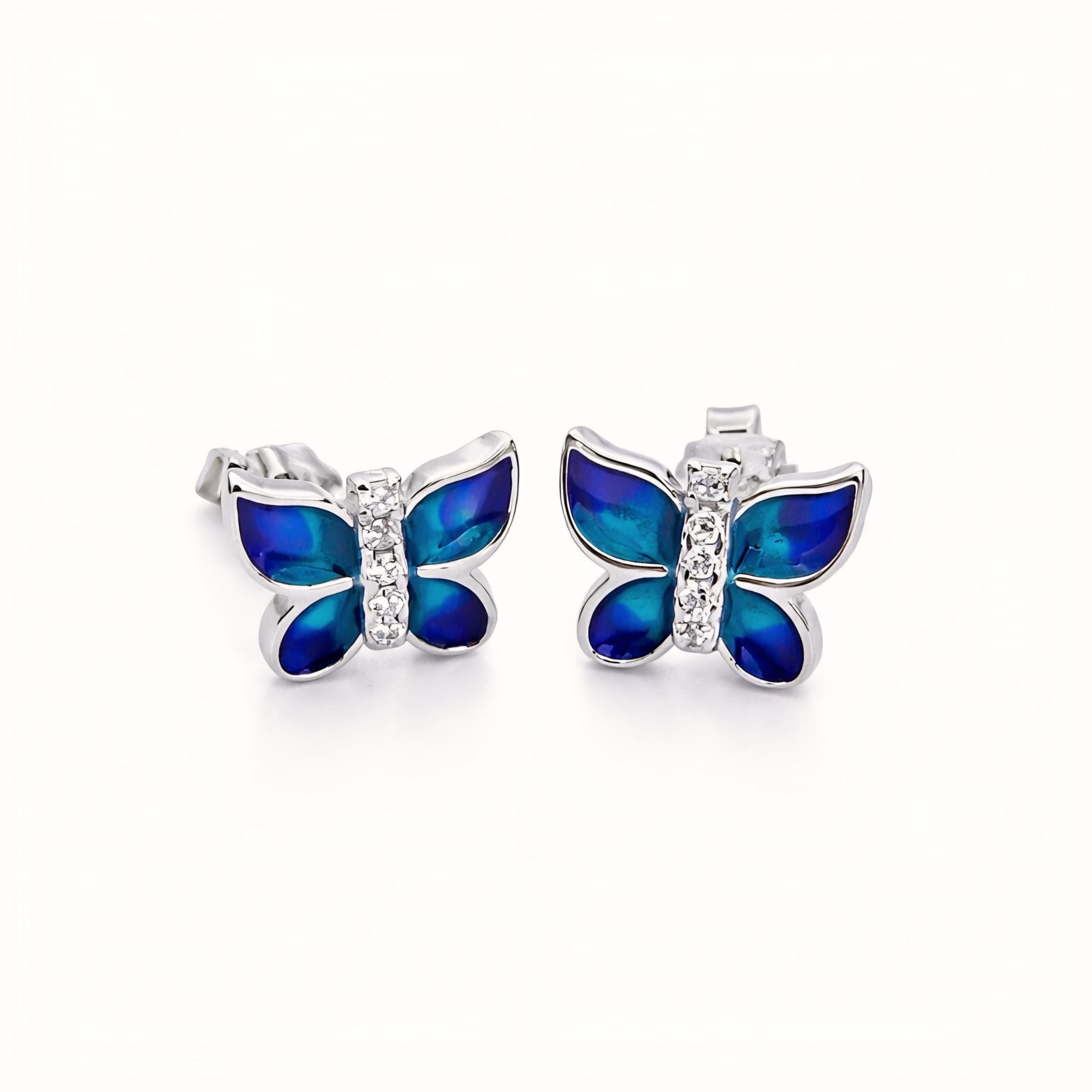 925 Sterling Silver Butterfly Stud Earrings With Blue Turquoise Enamel and Cubic Zirconia