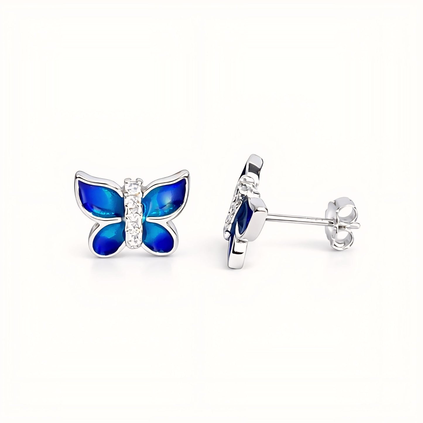 925 Sterling Silver Butterfly Stud Earrings With Blue Turquoise Enamel and Cubic Zirconia