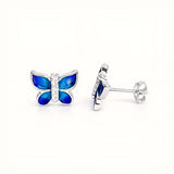 925 Sterling Silver Butterfly Stud Earrings With Blue Turquoise Enamel and Cubic Zirconia
