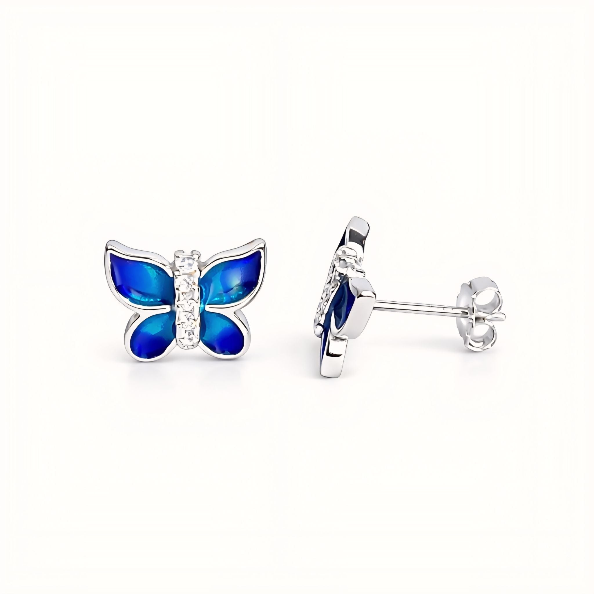925 Sterling Silver Butterfly Stud Earrings With Blue Turquoise Enamel and Cubic Zirconia