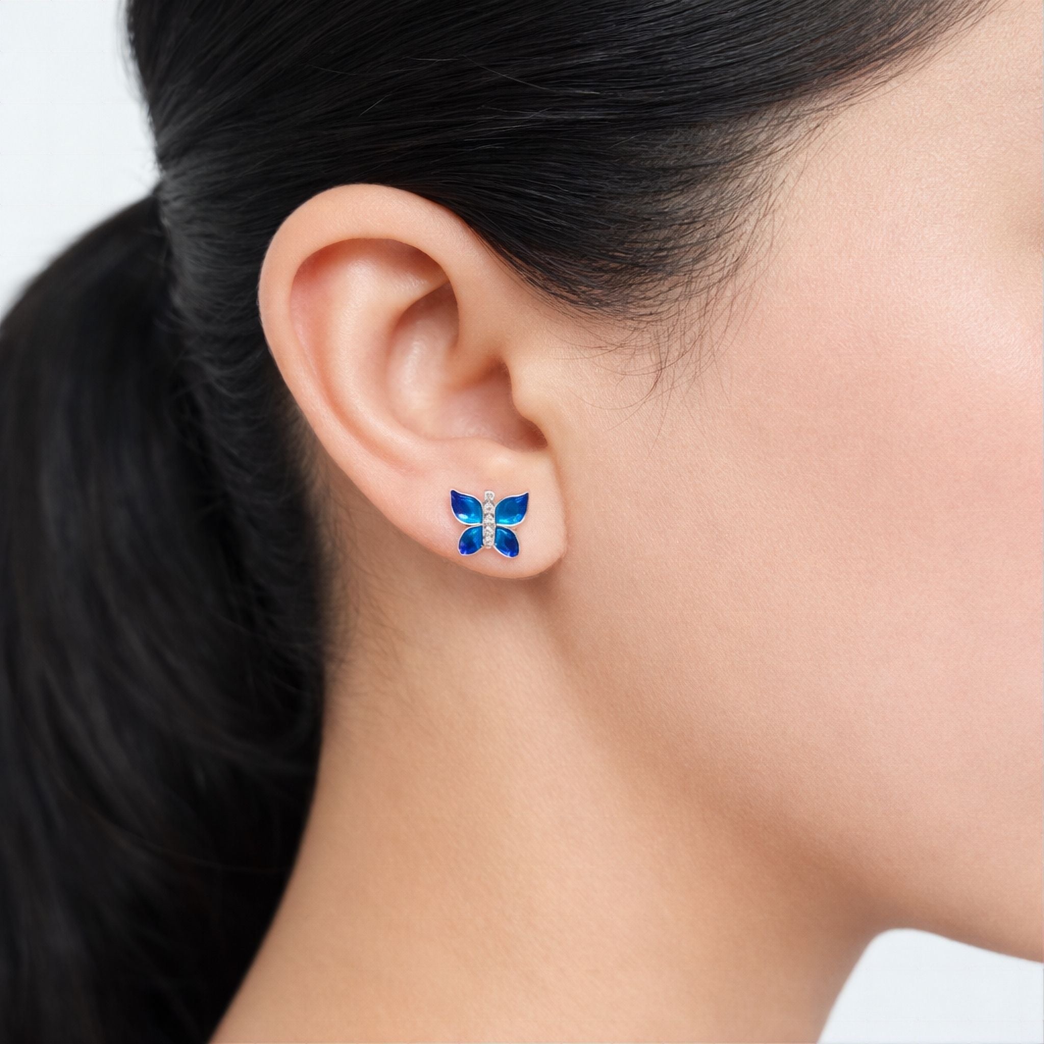 925 Sterling Silver Butterfly Stud Earrings With Blue Turquoise Enamel and Cubic Zirconia