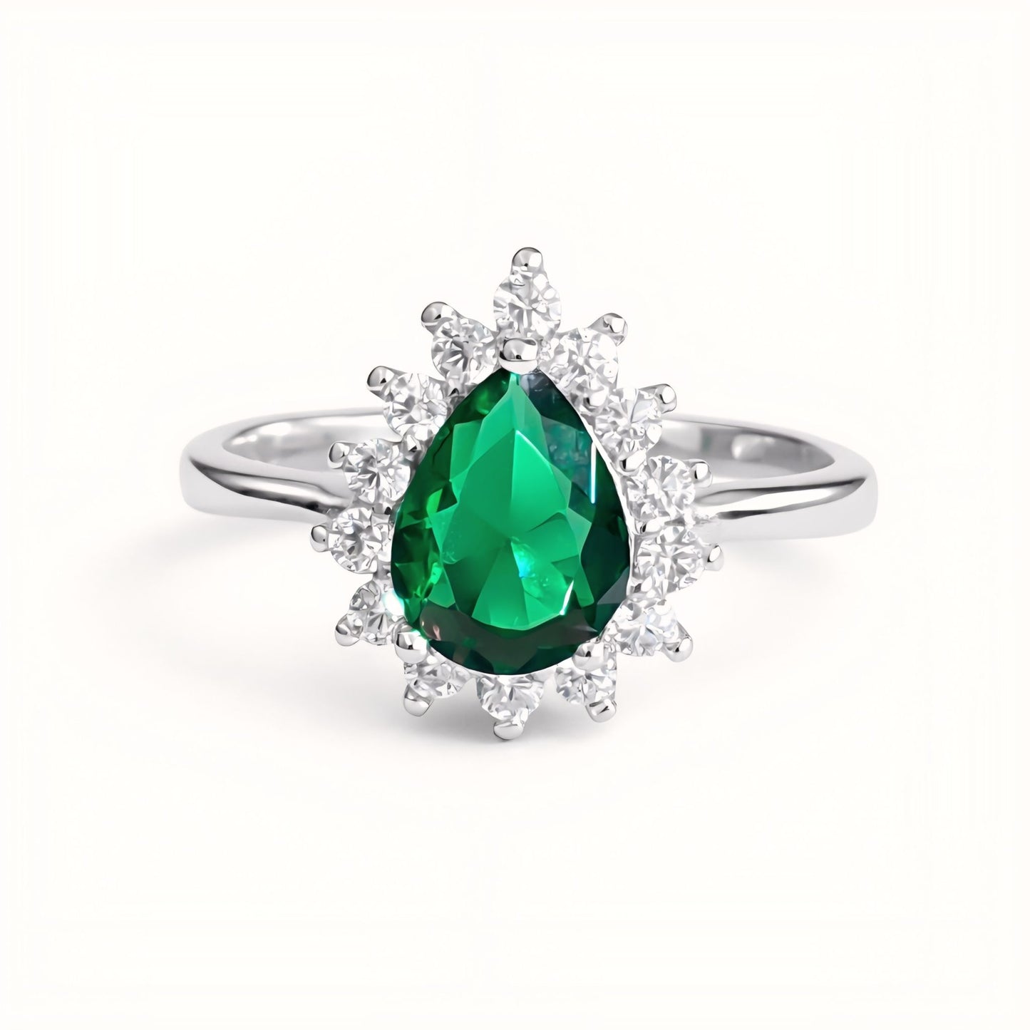 925 Sterling Silver Pear-Cut Green Stone Halo Ring with Cubic Zirconia
