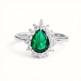 925 Sterling Silver Pear-Cut Green Stone Halo Ring with Cubic Zirconia