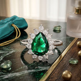 925 Sterling Silver Pear-Cut Green Stone Halo Ring with Cubic Zirconia