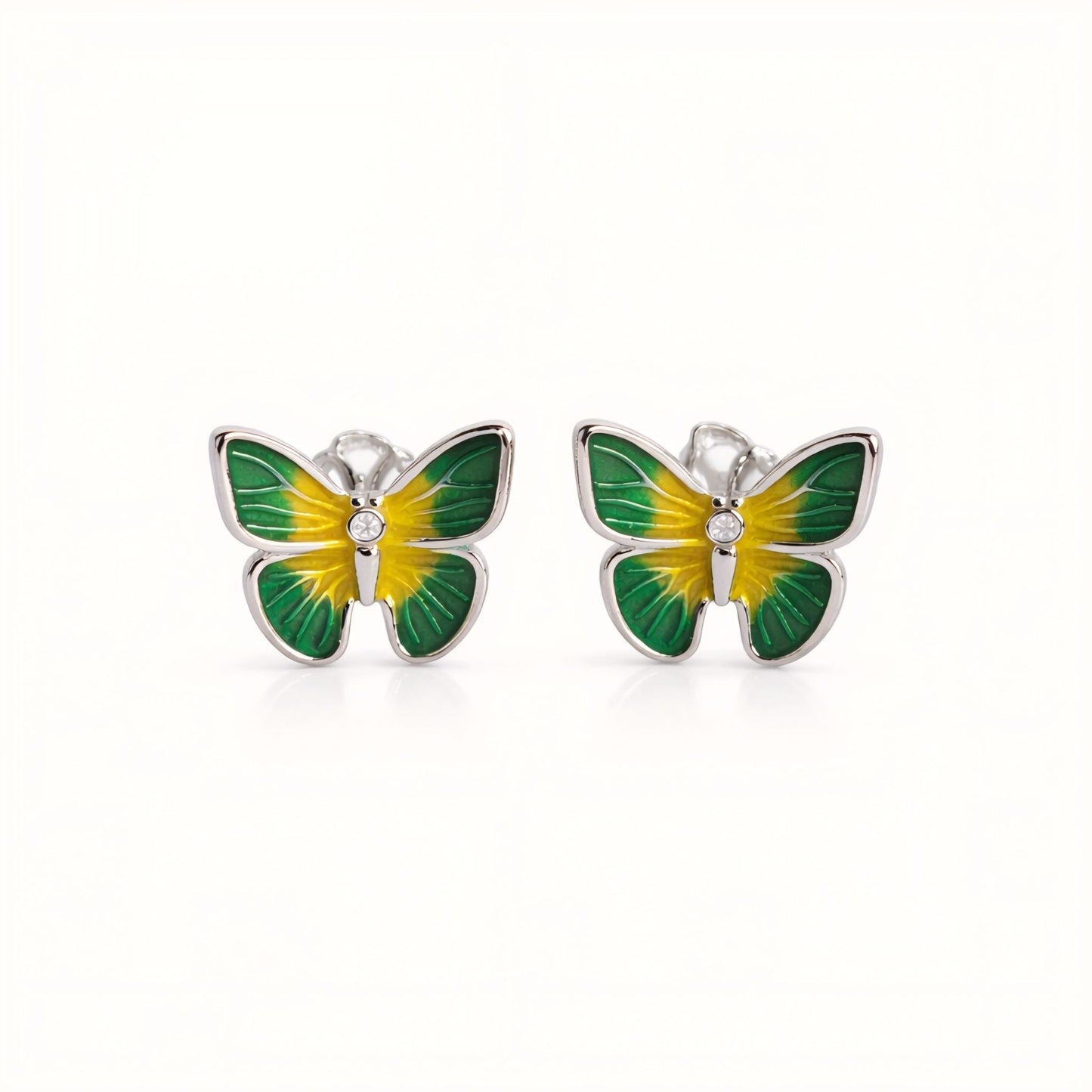 925 Sterling Silver Butterfly Stud Earrings With Green Yellow Enamel and Cubic Zirconia