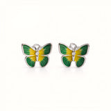 925 Sterling Silver Butterfly Stud Earrings With Green Yellow Enamel and Cubic Zirconia