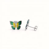 925 Sterling Silver Butterfly Stud Earrings With Green Yellow Enamel and Cubic Zirconia
