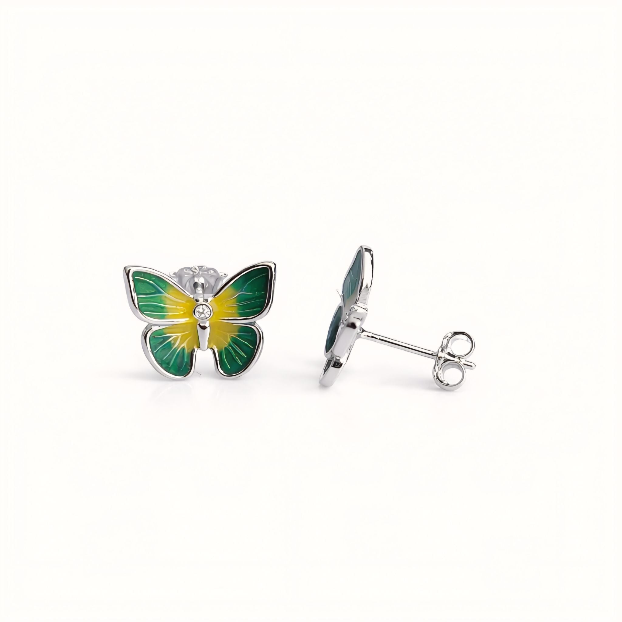925 Sterling Silver Butterfly Stud Earrings With Green Yellow Enamel and Cubic Zirconia