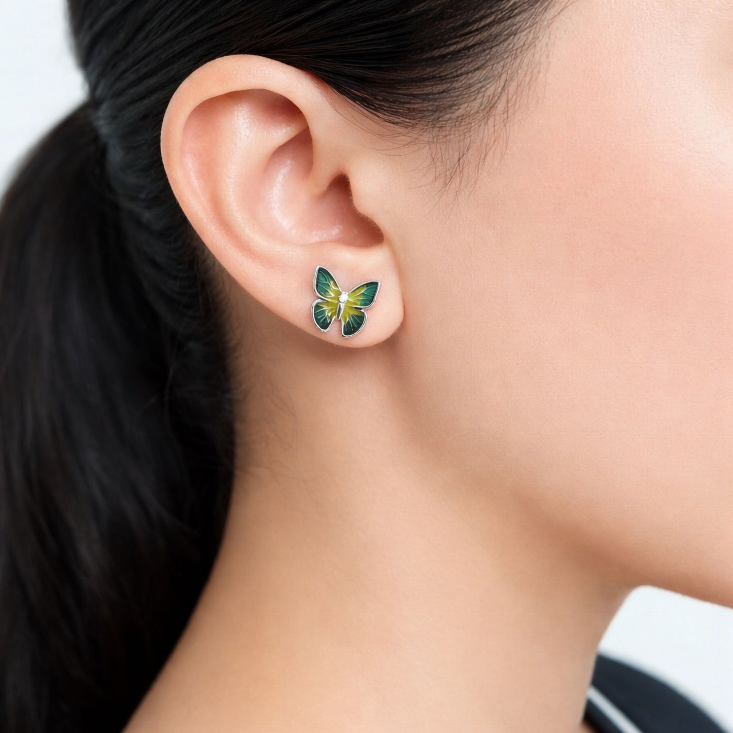 925 Sterling Silver Butterfly Stud Earrings With Green Yellow Enamel and Cubic Zirconia