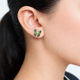 925 Sterling Silver Butterfly Stud Earrings With Green Yellow Enamel and Cubic Zirconia