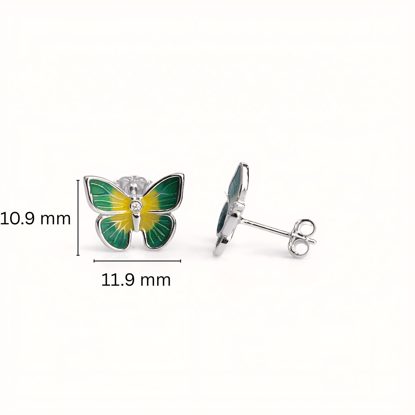 925 Sterling Silver Butterfly Stud Earrings With Green Yellow Enamel and Cubic Zirconia