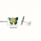 925 Sterling Silver Butterfly Stud Earrings With Green Yellow Enamel and Cubic Zirconia