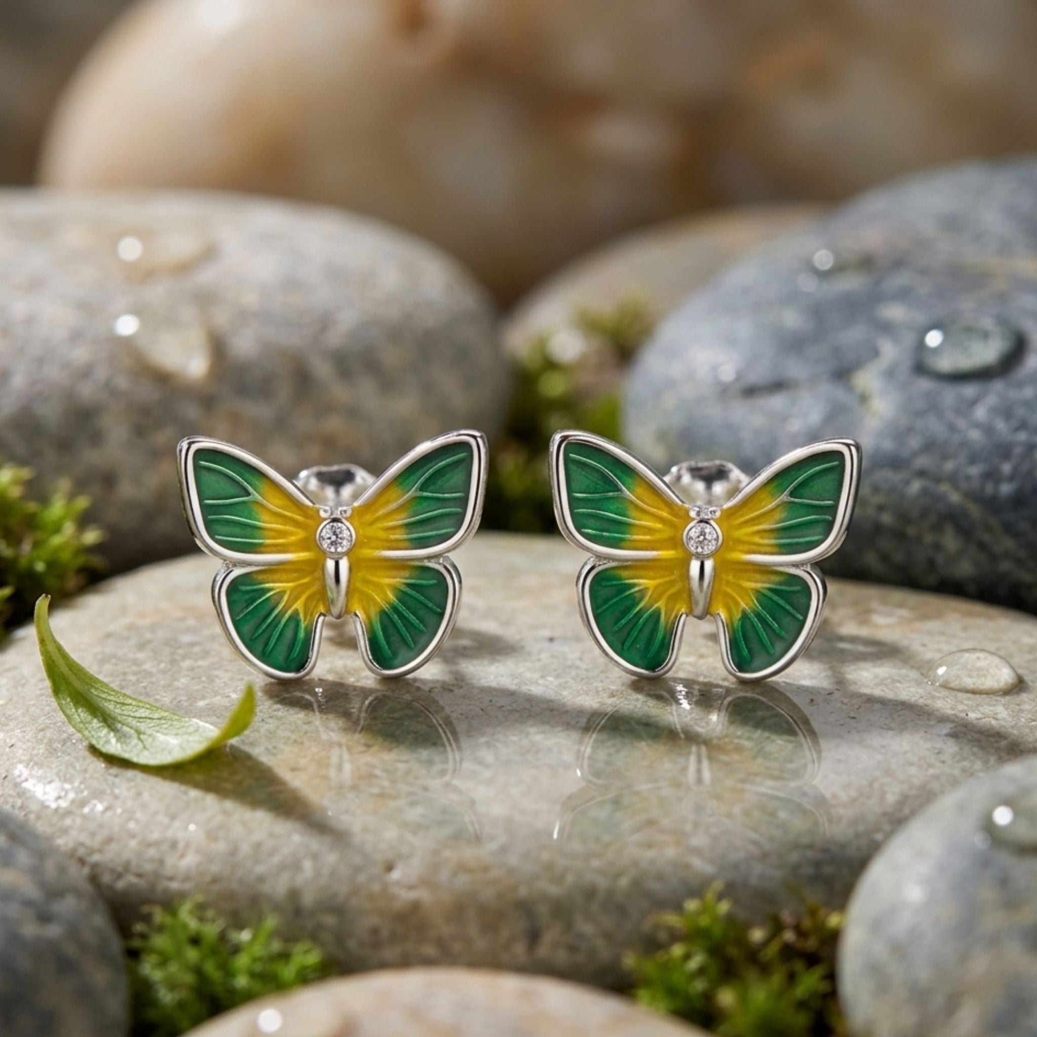 925 Sterling Silver Butterfly Stud Earrings With Green Yellow Enamel and Cubic Zirconia