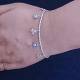 925 Sterling Silver Tennis Bracelet with Floral Charm Accents and Cubic Zirconia