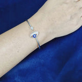 925 Sterling Silver Flexible Open Cuff Kada with Evil Eye and Cubic Zirconia